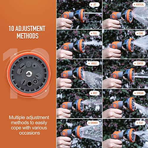 BIBURY Upgraded Garden Hose Spray Gun Set with Connector, 10 Adjustable Patterns Spray Nozzle with Thumb Switch, Anti-Slip Design, Perfect for Car Washing, Pet Showering, Cleaning, Watering Lawn