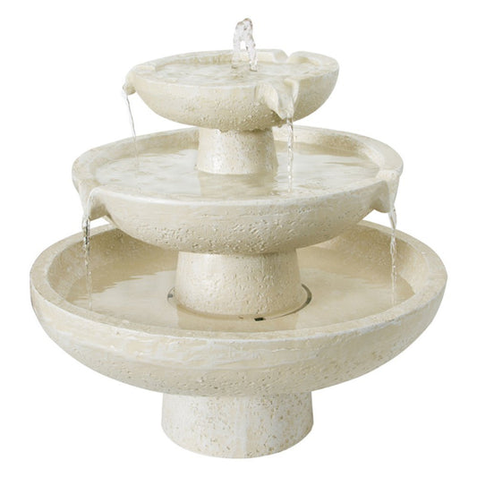 Primrose 44cm Solar Powered Ivory Stone Effect Round 3 Tiered Outdoor Cascading Water Feature Self Contained