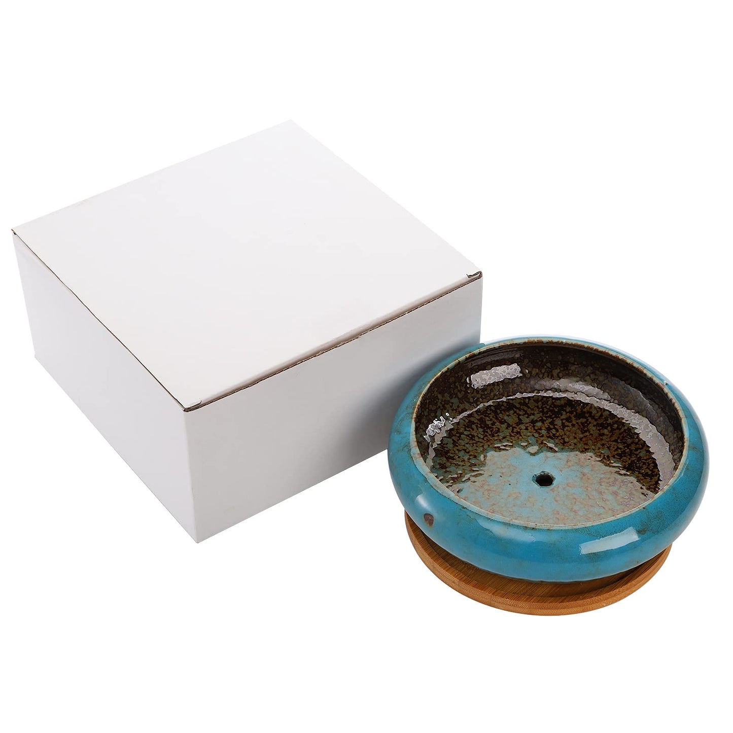 Peohud 18cm Round Ceramic Succulent Planters, Glazed Ceramic Bonsai Pots, Succulent Plant Pot with Drainage Hole, Flower Container Pots Garden Decorative Cactus Stand with Bamboo Tray, Blue