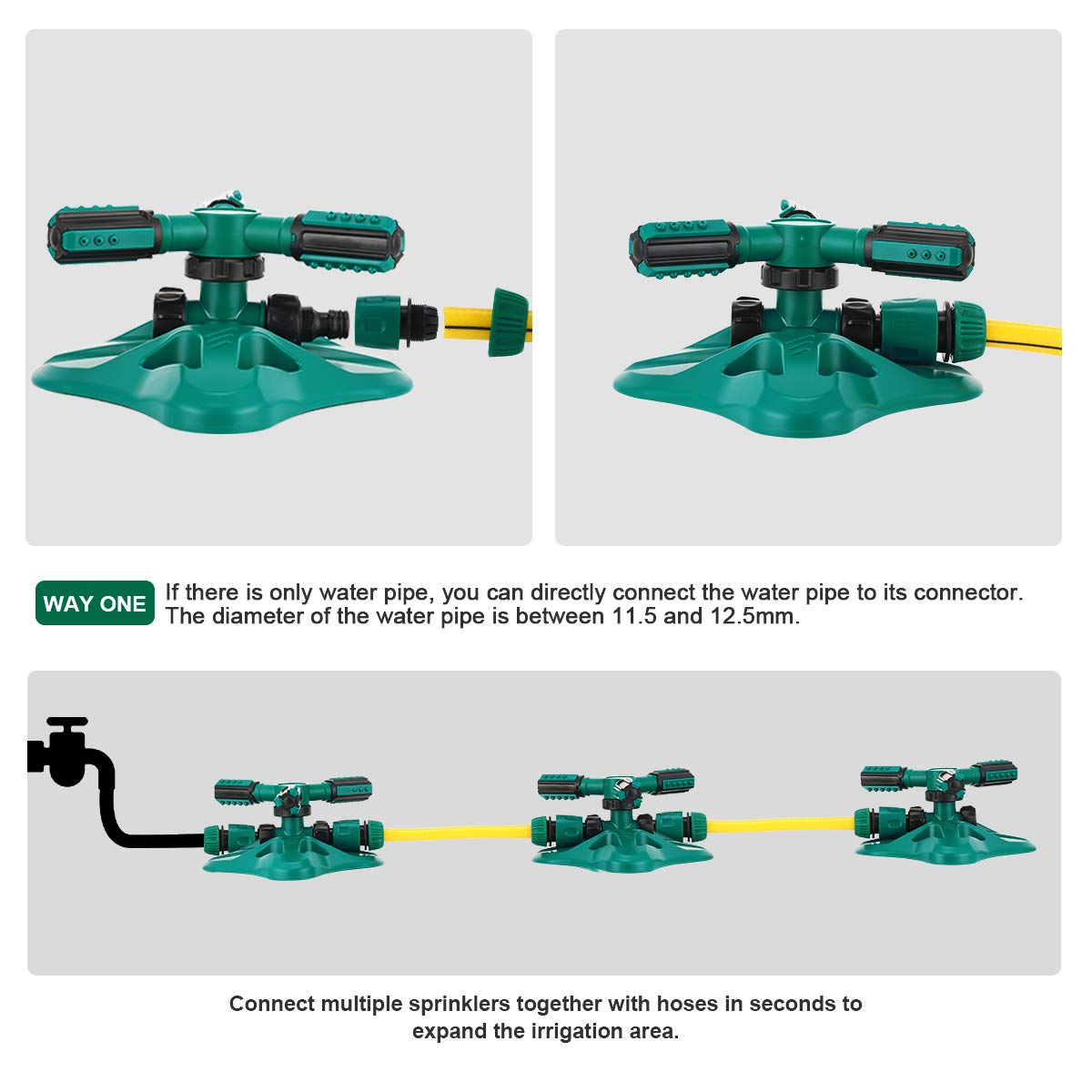 WISDOMWELL Garden Sprinkler Adjustable water spray range Suitable for large areas of lawn Automatic 360 Degree 3 Arm Rotating Sprinkler System Sprinklers (1Sprinkler-4Connectors-2 Sprinkler Head)