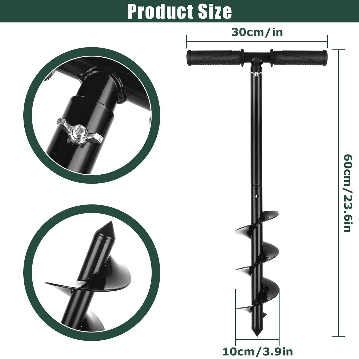 VIDETOL Fence Post Auger, 10X60cm Manual Auger Post Hole Digger with Non-Slip Handle, Adjustable Post Hole Auger for Gardening Planting, Bulb Planting, Umbrella Hole, Post Hole and Mixing Fertilizer