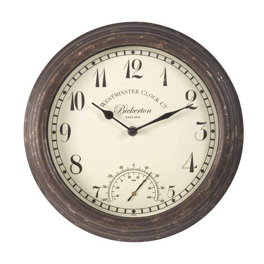 Bickerton Wall Clock and Thermometer, Classic Outdoor/Indoor Design with Large 12 Inch Face. Suitable for Garden, Kitchen, Bathroom and More