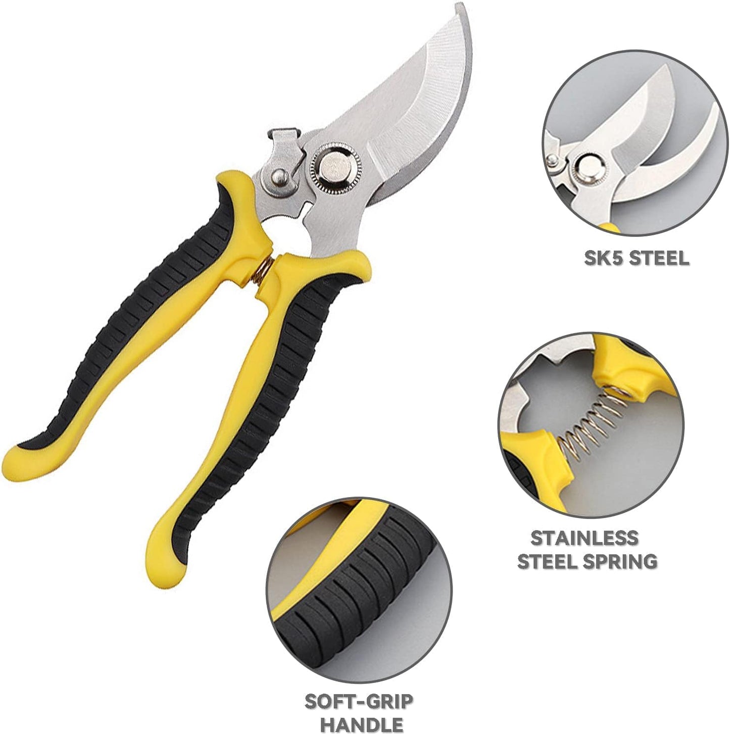 MOPPRO Garden Shears, Secateurs & Pruning Scissors, Mitre Shears, Florist Scissors, Snips, Trimmer, Clippers with Locking Handle, Gardening Gifts for Men (Yellow)