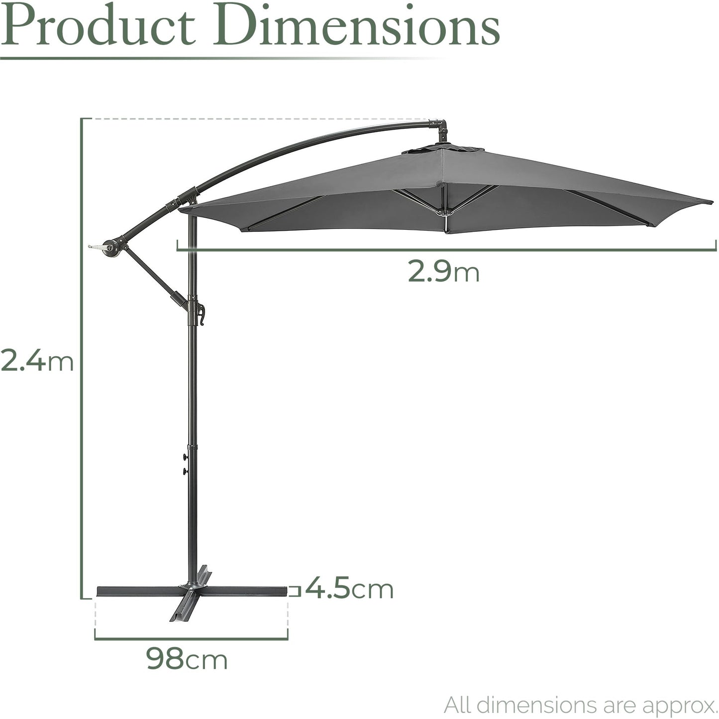 Christow Large Banana Parasol 3m Over Hanging Cantilever Umbrella UV Protective With Crank Handle (Grey Polyester Canopy)