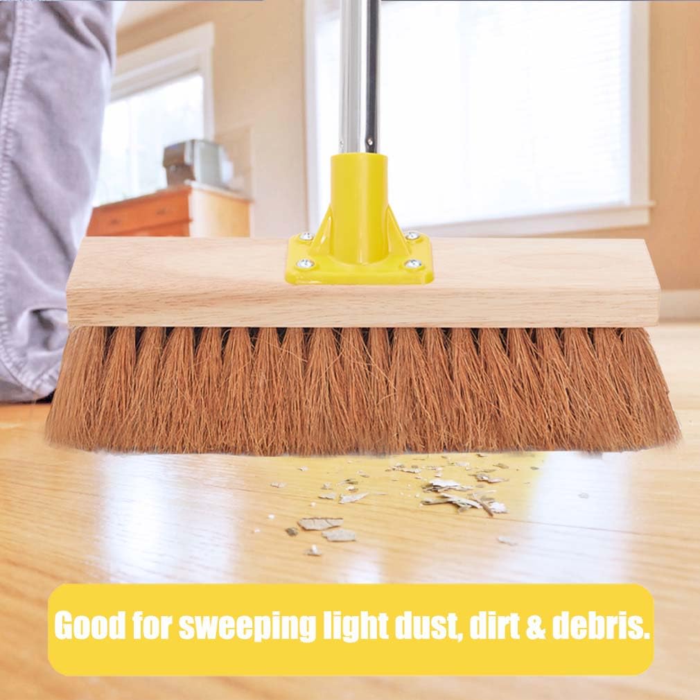 13" Soft Broom Indoor Coco Bristle Floor Sweeping Brush with 150cm Long Handle for Household Kitchen