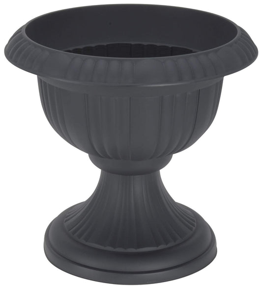 Koopp Large 36cm Urn Planter on Flower Pedestal, Slate Grey | Lightweight, Durable Rippled Plastic Ornamental Plant Pot | UV Resistant Decorative Garden & Home Planter, Indoor/Outdoor Rustic Plant Pot