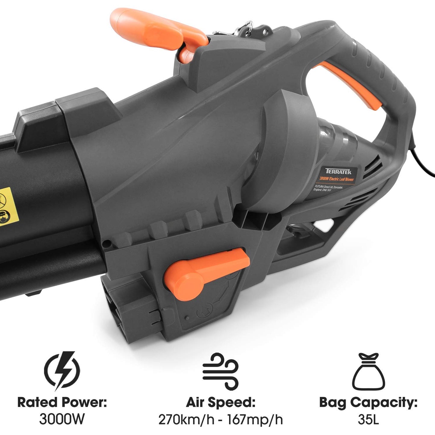 Terratek Corded Leaf Blower and Garden Vacuum 3000W, 3 in 1 Lightweight Mulcher, Leaf Blower and Vacuum, 35L Garden Blowers Collection Bag, 10m Cable, Wheels & Shoulder Strap Included