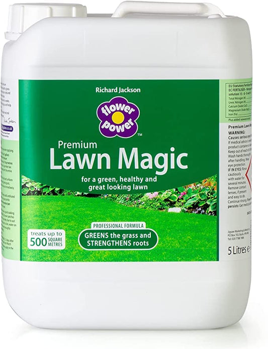 Richard Jackson Flower Power Premium Lawn Magic, Covers 500m, Lawn Feed for Gardens, Greens the Grass & Strengthens the Roots (5L)