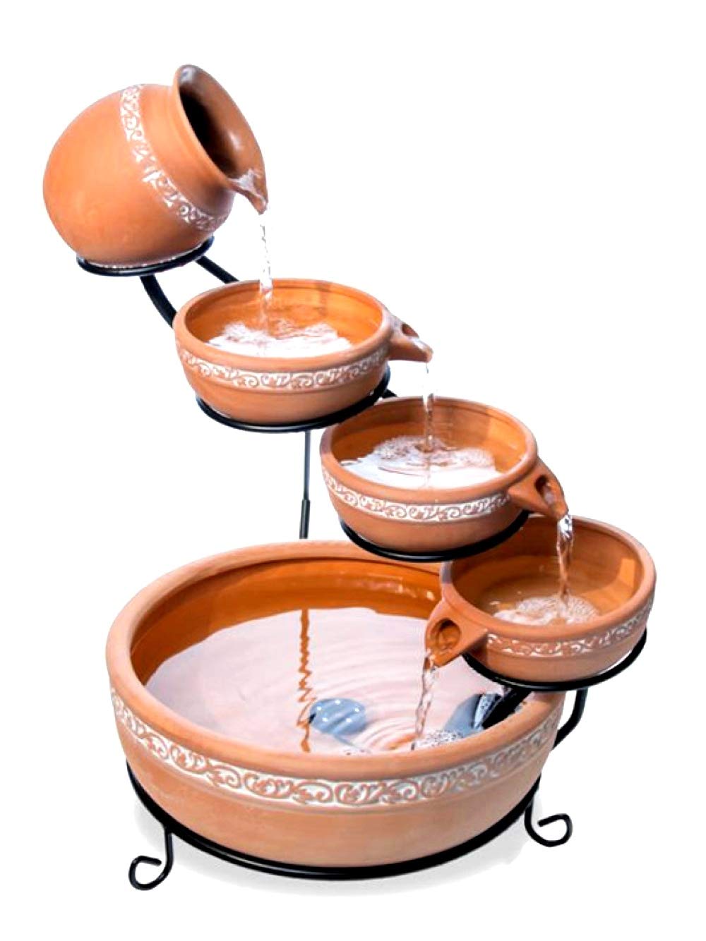 Primrose 55cm Inlaid Terracotta Solar Powered Jug & Dish Water Feature Cascade with Battery Backup and LED Lights