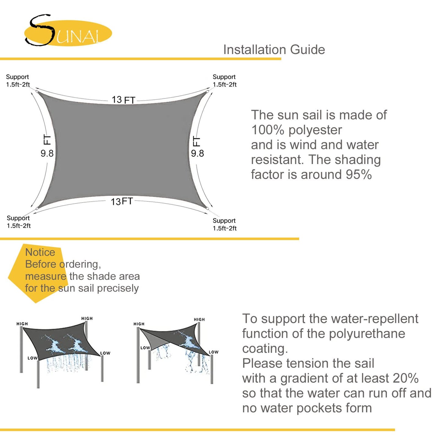 Sunal Sun Shade Sails 3m x 4m, Rectangle Waterproof Shade Sail for Garden, 98% UV Blocking Outdoor Sun Shade Shade Canopy with Free Rope for Outdoor Garden Pergola Patio Party Backyard Lawn, Grey