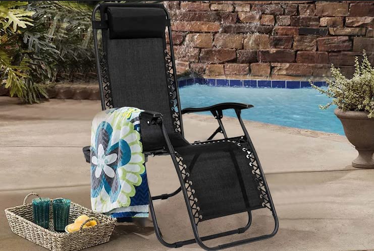 Aspect Zero Gravity Chair, Outdoor Garden Sunloungers, Sturdy Textoline, Reclining Garden Chairs with Cup Holder and Pillow Headrest - Black