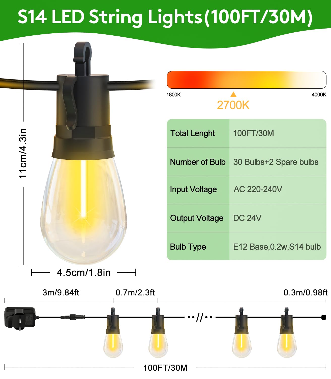 SAEIHGAE Outdoor Festoon Lights Mains Powered: 100ft 30m 30-2 S14 LED Bulbs Garden String Lighting Outside Dimmable with Remote IP65 Waterproof for Patio Gazebo Pergola Backyard