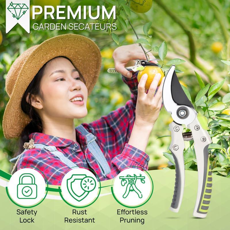Shark-Tuff® Heavy Duty Secateurs & Pruning Scissors Pruning Shears for Gardening | High Carbon Steel SK5 Blade Garden Scissors | Bypass Hand Pruners with Long Handles