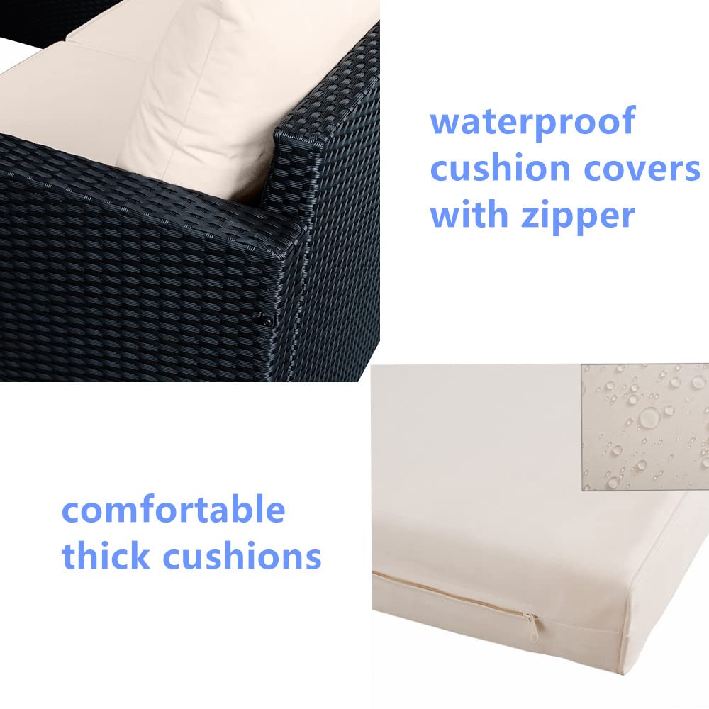 Panana Rattan Furniture Set 5 Seater Lounge Corner Sofa Set with Table Stool and Cover Garden Patio Conservatory Outdoor (Black Wicker with Beige Cushions)