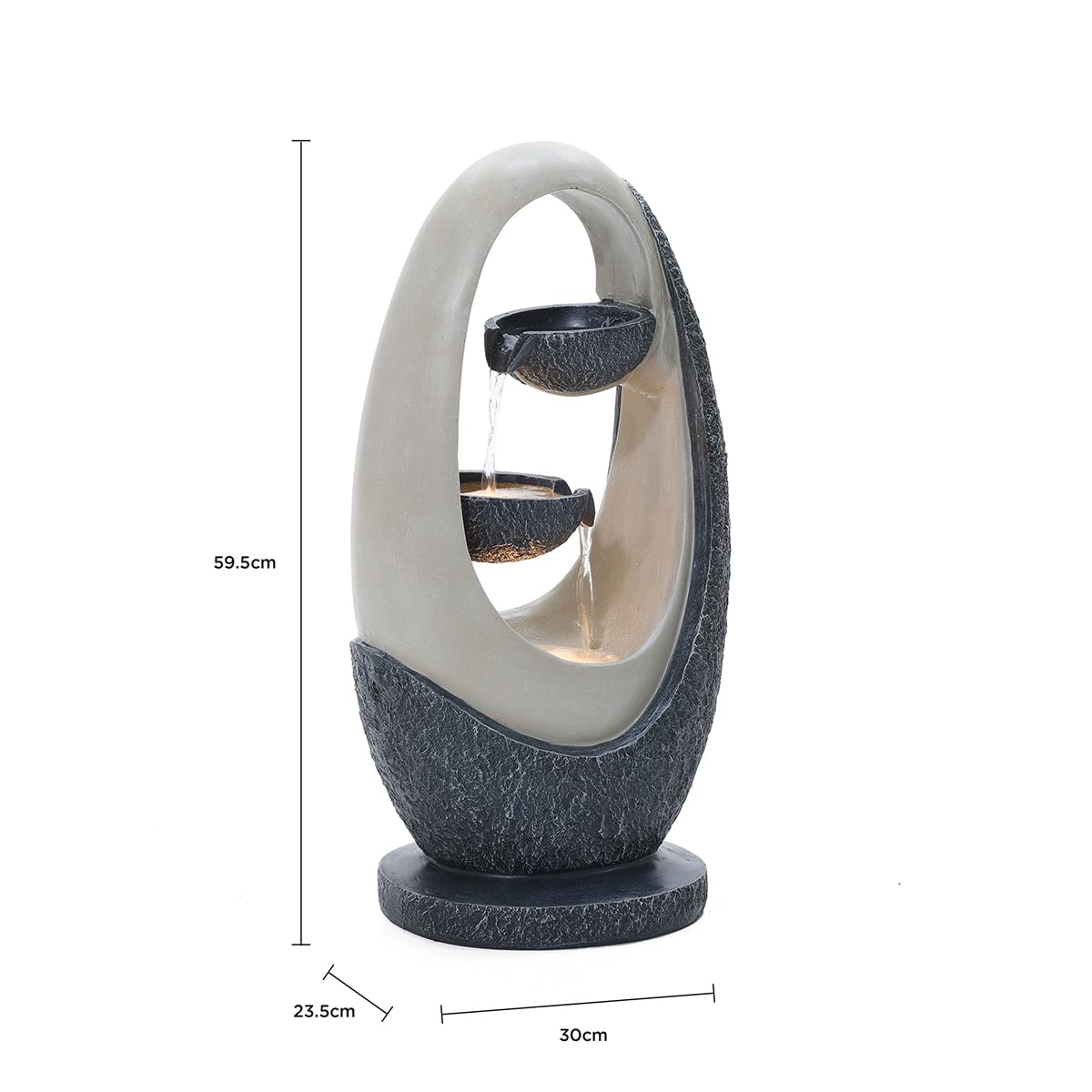 CHARLES BENTLEY 2 Tier Water Feature, UV Resistant, Weather Resistant, Mains Powered, Plug Included, Frost Resistant, Warm White, Water Fountain, Built In LED Lights, Oval Design (59.5x30x23.5cm)