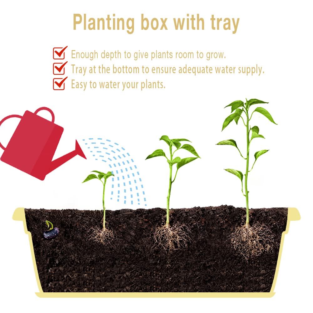 HOXHA 6 Pack Window Box Planter, 17 inches Plastic Vegetable Flower Planter Boxes with Tray, Rectangular Indoor and Outdoor Flower Pots for Windowsill, Patio, Porch, Garden Balcony