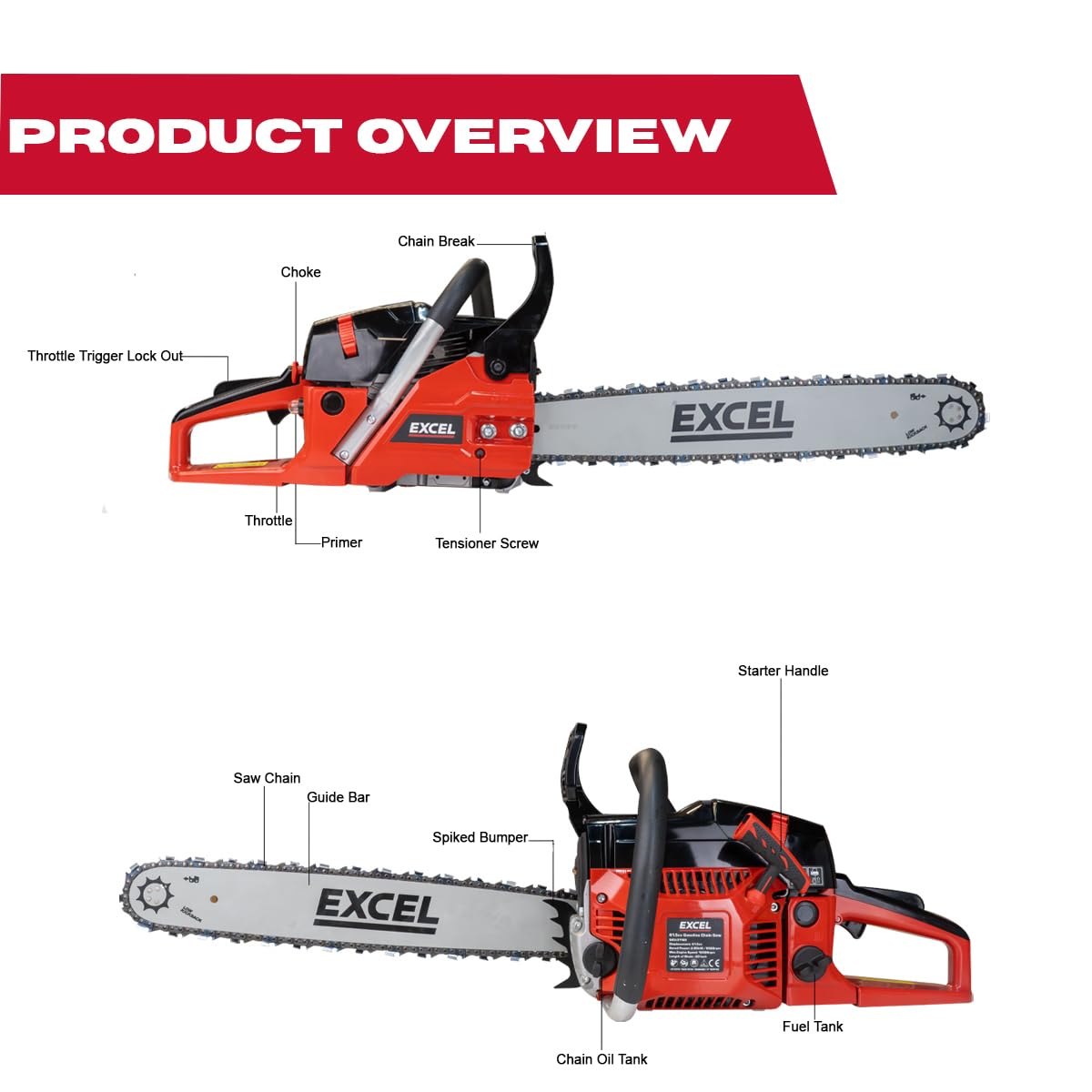 Excel 62cc Petrol Chainsaw 20" Heavy Duty Wood Saw - 20 inch Petrol Chainsaw, Heavy Duty Chainsaw, Chain Saw, Petrol Gardening Tool, Gardening Tools