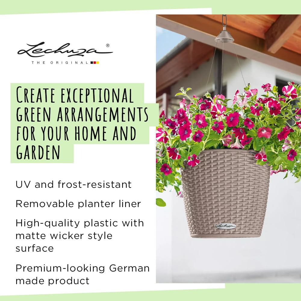 Lechuza Self Watering Hanging Plant Pots NIDO Cottage 28 Rattan Look Plastic Outdoor Indoor Planter with Drainage Hole D27 H23 cm White