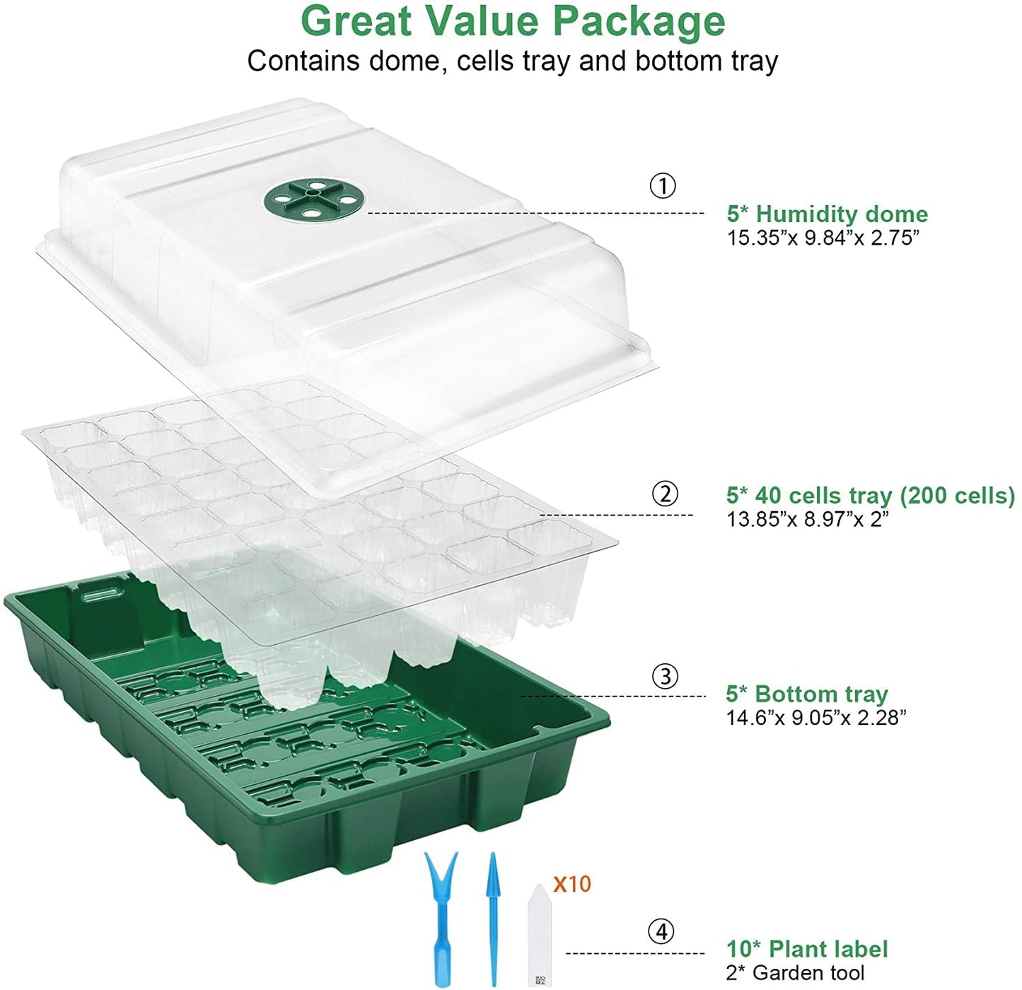 MIXC Seed Trays Propagator for Plants Greenhouse 5 Pack Garland Propagators with Lids 200 Cell Seedling Tray Growing Pots Trays Plant Germination Kit Plastic Propagating Set for Garden