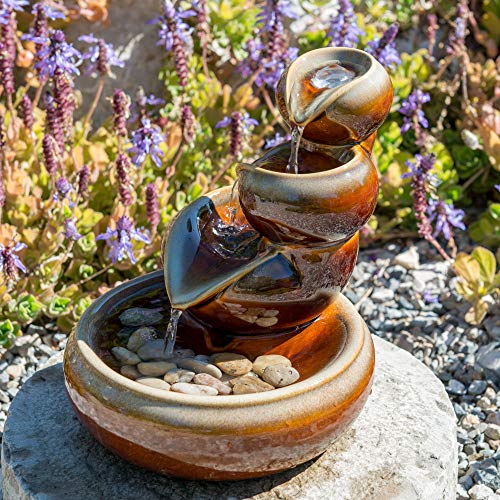 Primrose 25cm Solar Powered Brown Ceramic Oil Jar Three Tier Cascade Patio Garden Water Feature