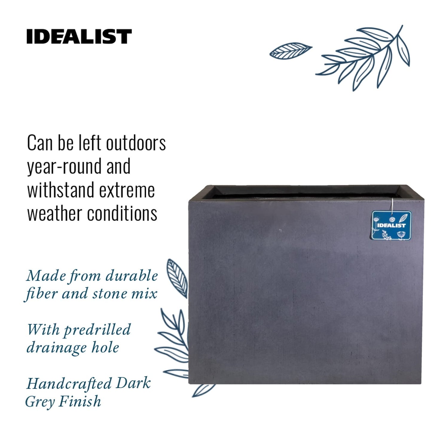 IDEALIST 70cm Large Trough | Dark Grey Reinforced Stone Rectangular Planter | Garden Plant Pots with Drainage Holes L70 W40 H60 cm, 124 litres