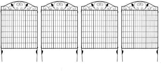 MTB Black Coated Garden Iron Style Metal Side Outdoor Patio Gate Steel Decorative Garden Fence Panel 112cm Hx 91cm W (4 Pack, Linear Length 12 feet) 2 Leaves, Metal Border Folding Fence