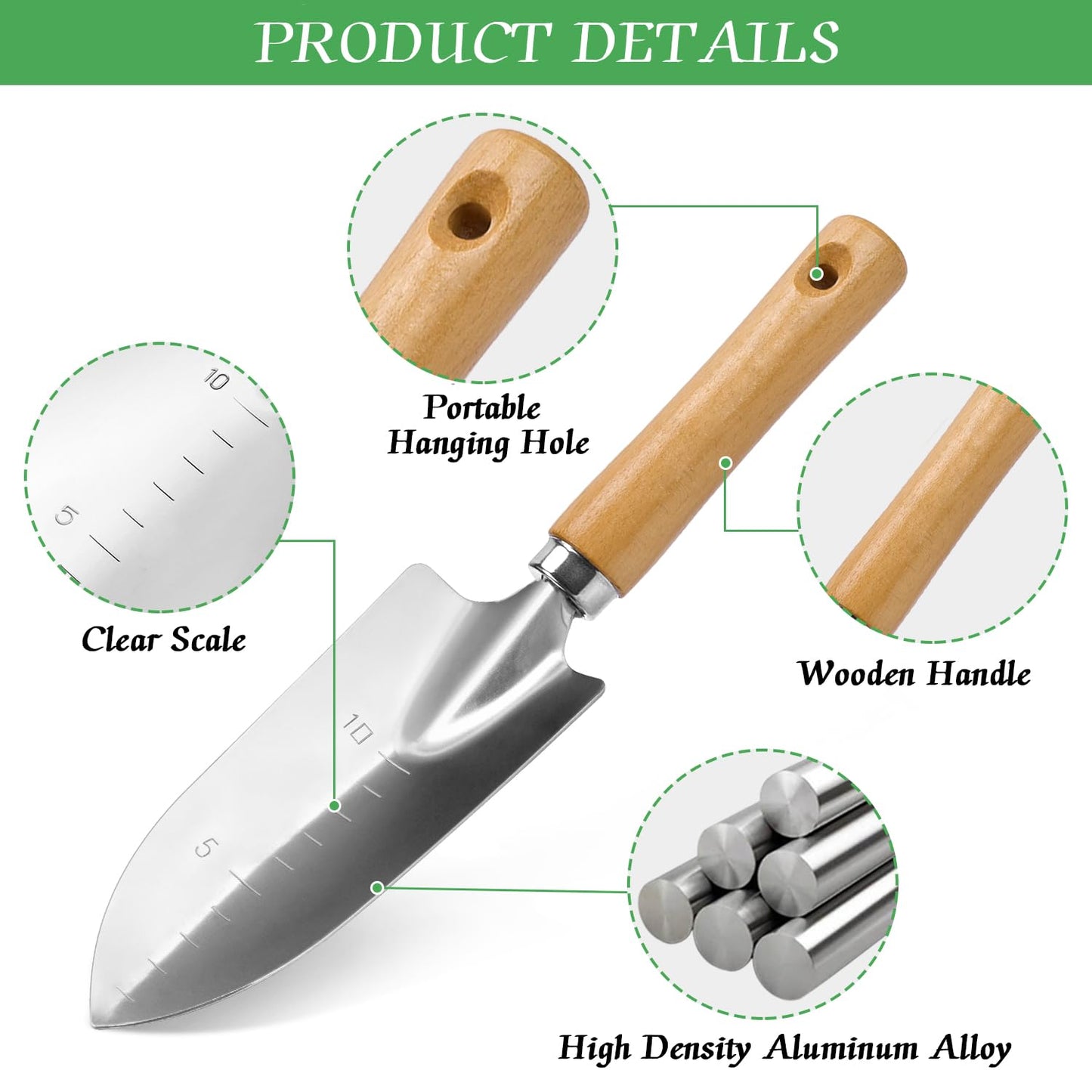 Small Garden Shovel with Wood Handle, Hand Tool Aluminum Alloy Garden Shovel with Measuring Depth Mark for Transplanting Weeding and Digging and Planting