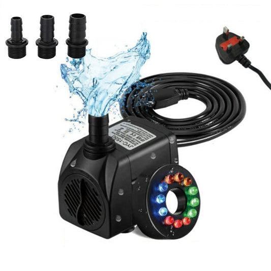 Electric Water Pump Submersible Water Feature Pumps 1800L/H 25W 12 Color LED Light Quiet Small Water Pump for Fountain Aquarium Hydroponic Fish Tank Garden Pool Pond with 2M Power Cord 3 Nozzles