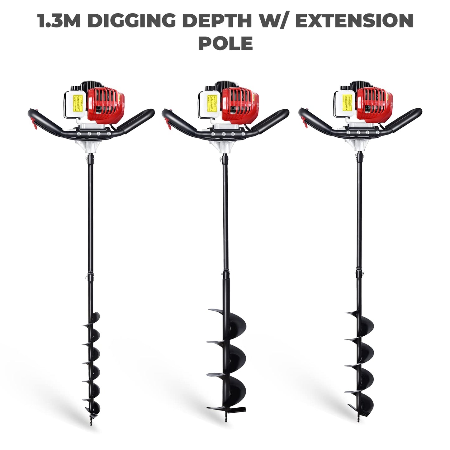 BU-KO 52CC 2Stroke Petrol Earth Auger Fence Post Ground Hole Borrer Digger 3HP V-Type | 3 Drill Bits Diameter (100,150,200mm), Safety Gear, Post Level & Extension