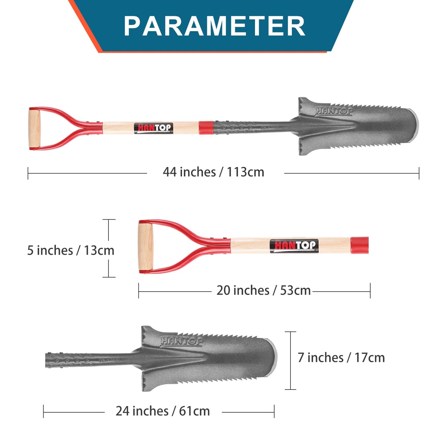 HANTOP Digging Spade Shovel Drain Spade Square Point Shovel Transplanting Spade Trenching Shovel, 44 inches
