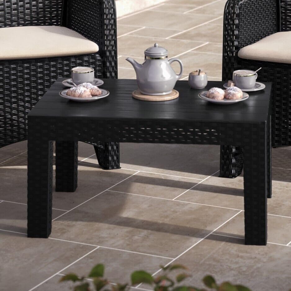 URBN GARDEN Black Rattan Coffee Table Stylish Outdoor Bistro Patio Furniture with Wood-Look Top, Perfect for Garden, Balcony, or End Patio Setting