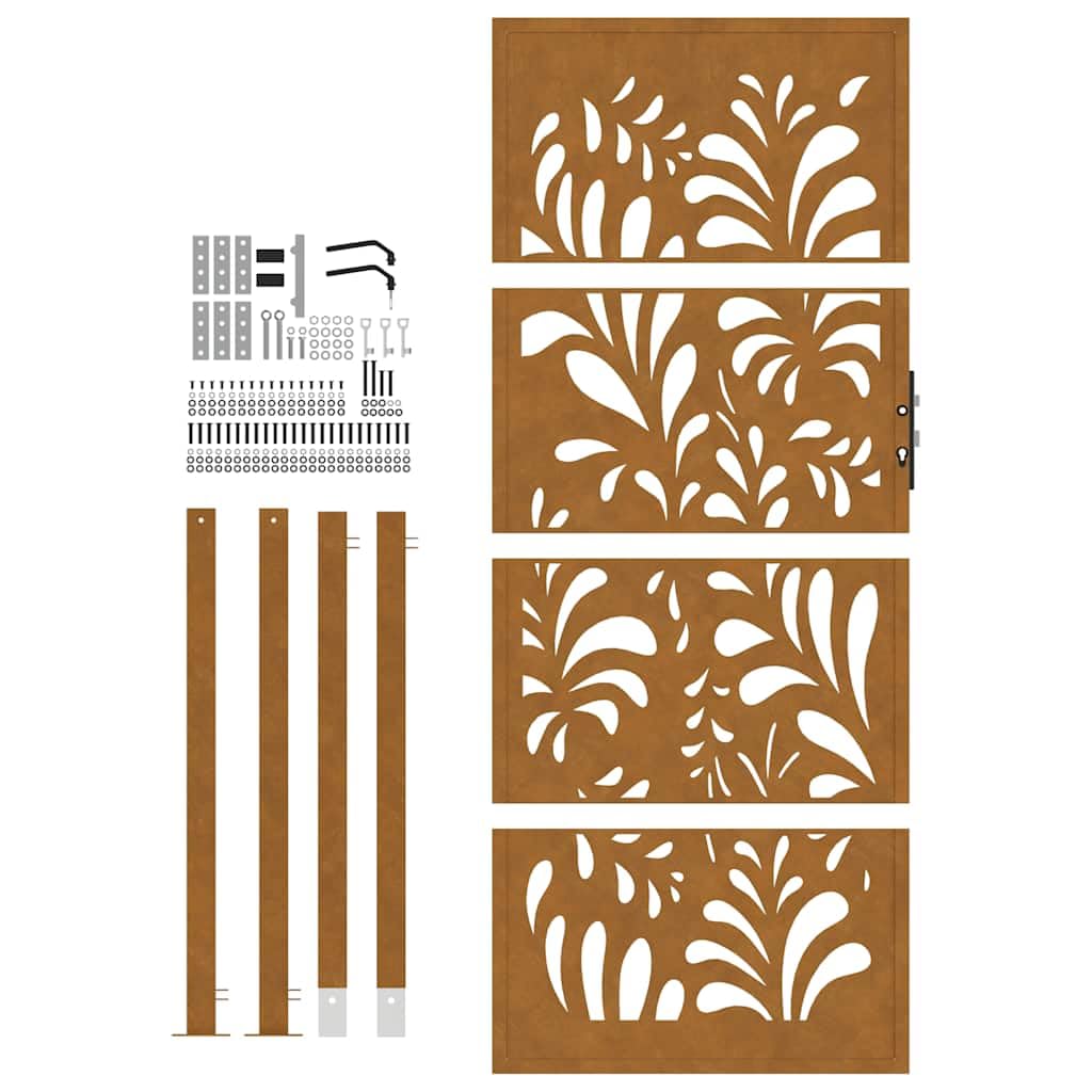 vidaXL garden patio gate - weathering steel, 105x205 cm, wave laser-cut design, rustic charm, lockable safety