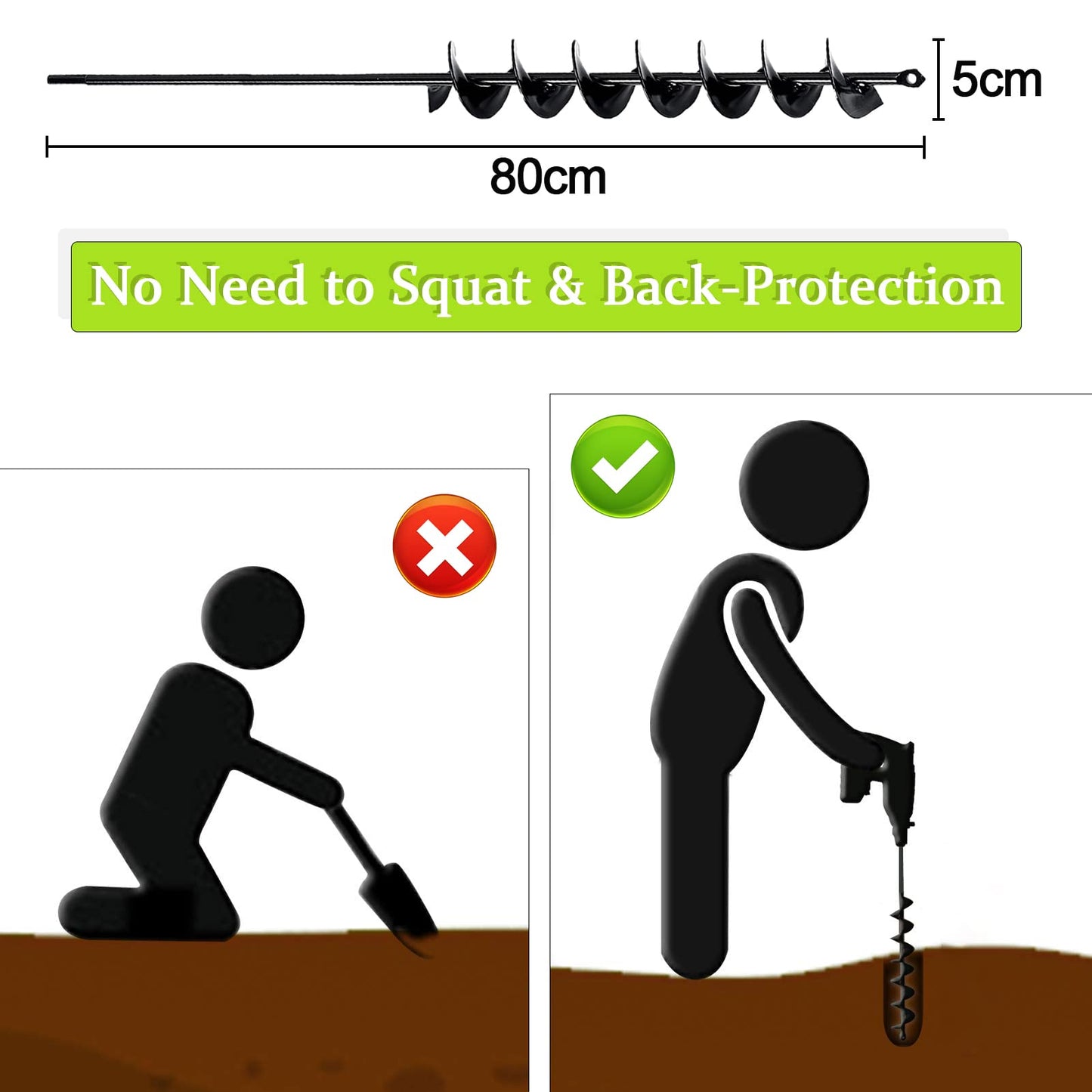 SYITCUN 5x80cm Garden Auger Drill Bit for Planting, Long Handle Post Hole Digger,Extended Spirals for Digging Rapidly,Garden Hole Digger Auger for Planting Bulbs Seedlings,Bulb Planting Auger