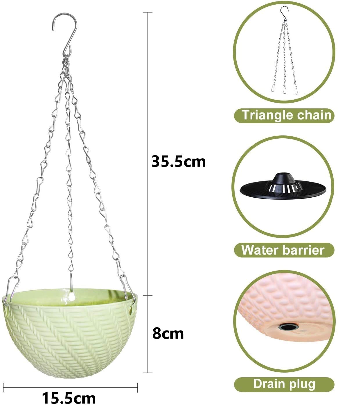 KAHEIGN 5Pcs Plastic Hanging Basket, Hanging Plant Basket Flower Pots Plant Holder Container with Chain Hooks for Plants Flowers Herbs Violets (5 Colors, Weave Pattern)