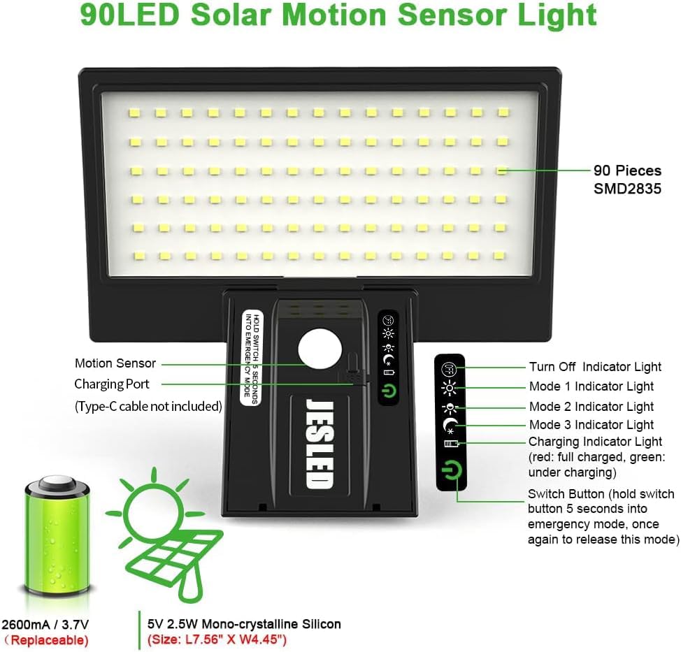 JESLED Solar Powered Lights Outdoor/Outside for Garden Fence Door Yard Pathway, 90 LED Solar Motion Sensor Security/Wall Lights Waterproof 2600mAh, USB Charging (1 Pack)