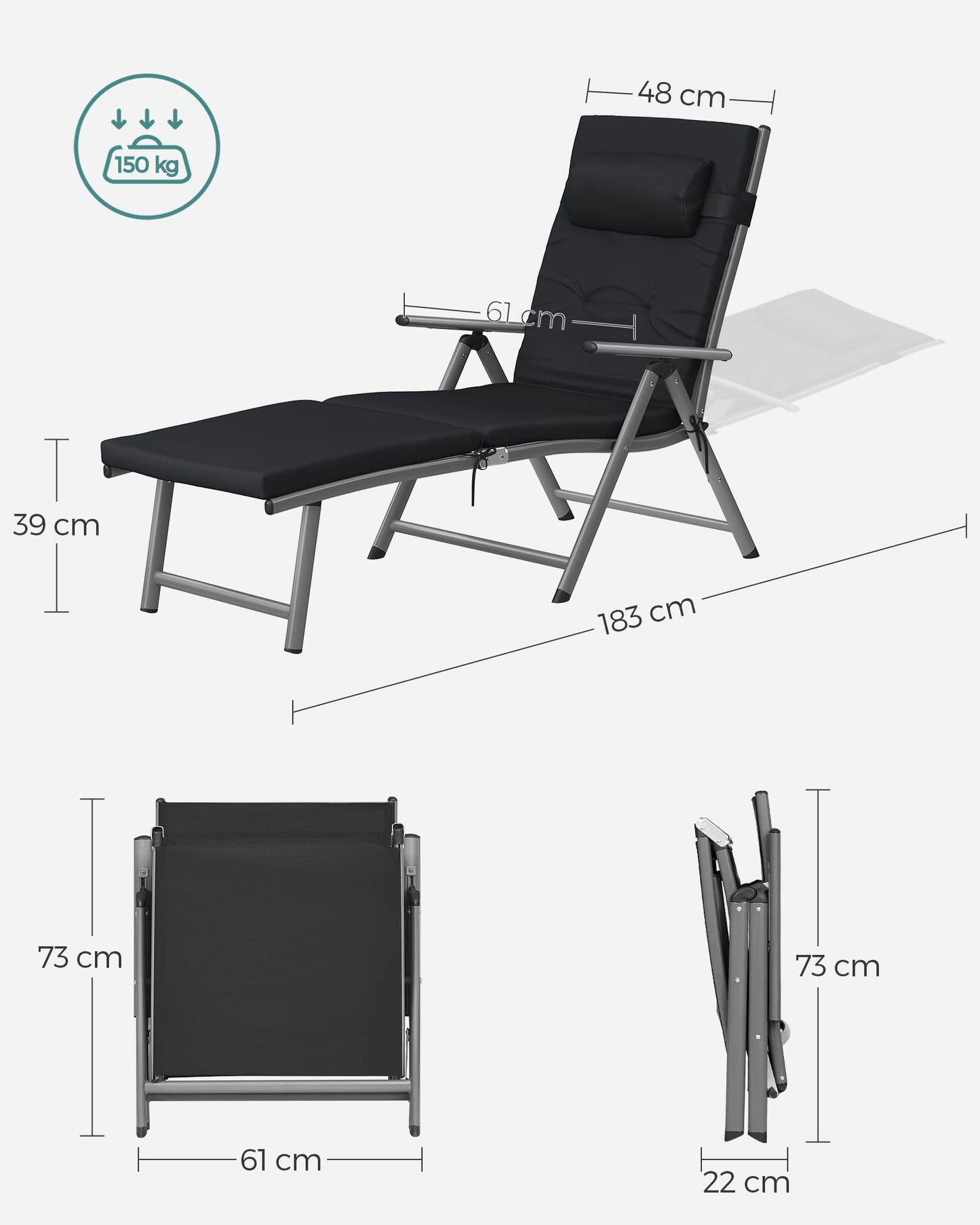 SONGMICS Folding Sun Lounger with 6 cm Thick Mattress, Garden Chair, Removable Pillow, Aluminium Structure, Rust-Resistant, Breathable, Comfortable, Adjustable, Hold up to 150 kg, Black GCB024B01
