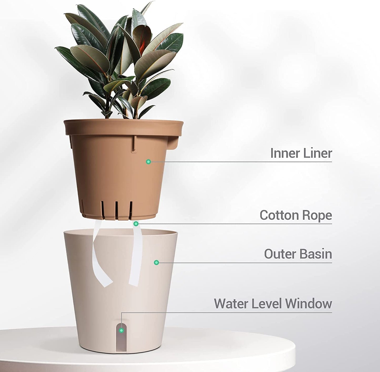 LATERN 3Pcs Self Watering Planter Pot, 12.5CM Round Plastic Plant Pot Garden Flower Bonsai Pots for Aloe Herb Orchid Succulent Plants - with Water Level Window and Drainage Hole Hidden Tray