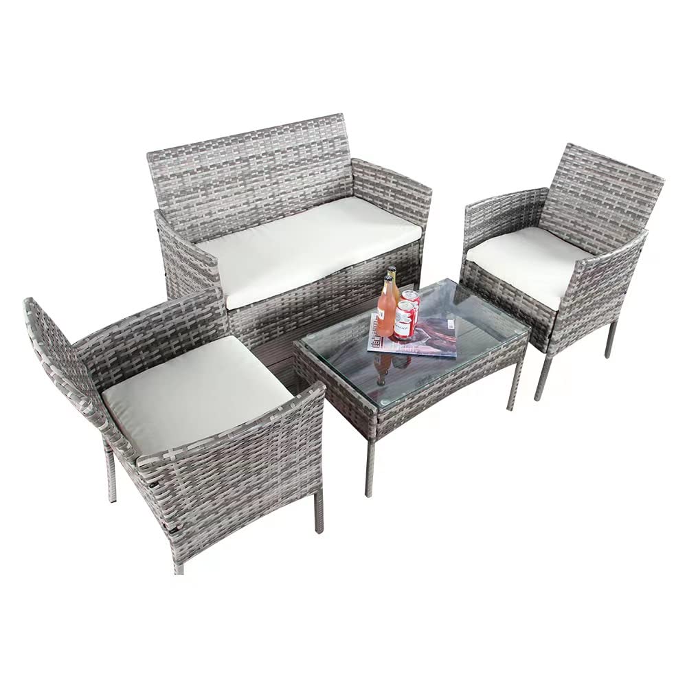 COSMO BUY 4 Piece Rattan Garden Furniture Set Outdoor Patio Sofa, table and chairs garden table Ideal for Pool Side, Balcony, Outdoor and indoor Conservatory Patio Set (Grey with Rain Cover)