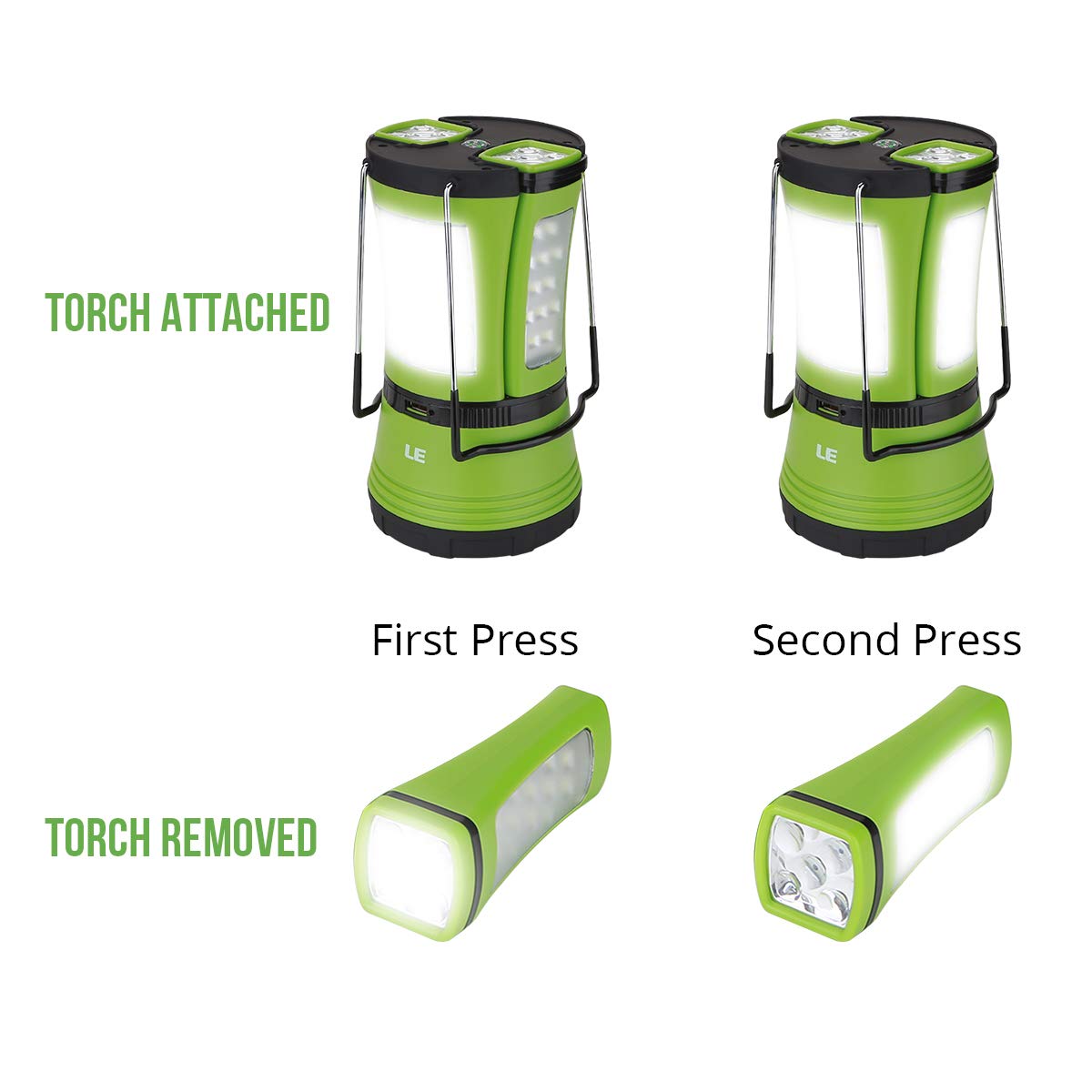 LE 3 in 1 Camping Lantern with 2 Detachable Torches, 600 Lumen, Camping Light Rechargeable or Battery Powered, Outdoor Camping Accessories for Tent, Caravan, Emergency, Fishing, Power Cuts and More