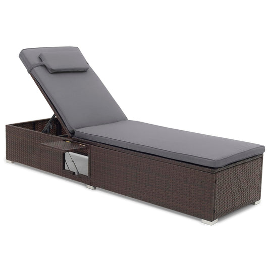 COSTWAY Rattan Sun Lounger, 6-Level Adjustable Garden Chaise Lounge Chair Deck Sunbed with Cushion, Headrest and Folding Table, Outdoor Wicker Reclining Chair for Patio Balcony Poolside (Grey)