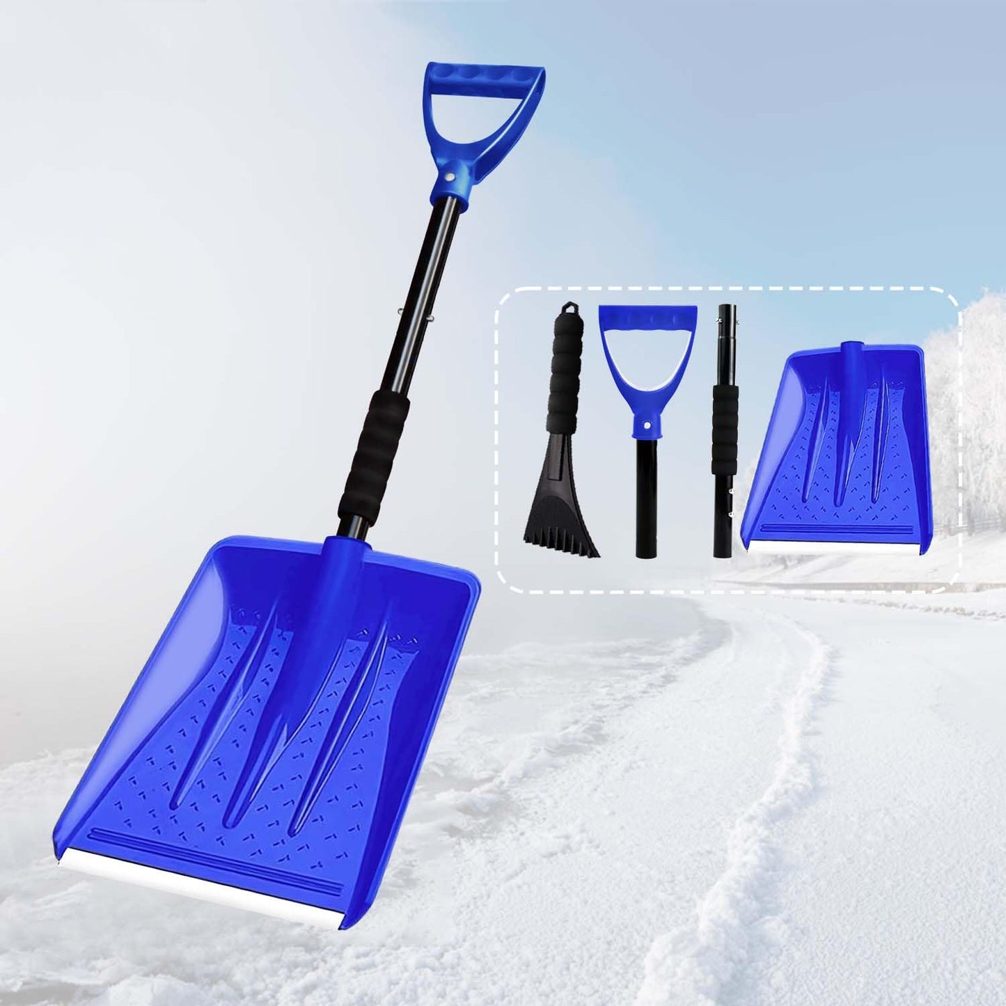 Hmfmdy Snow Shovel for Car Driveway Home Garage, Survival Shovel, Wide Ice Scraper, Lightweight Portable Detachable Snow Removal Tool for Garden Camping Outdoor Emergency Snowman Playing - Blue