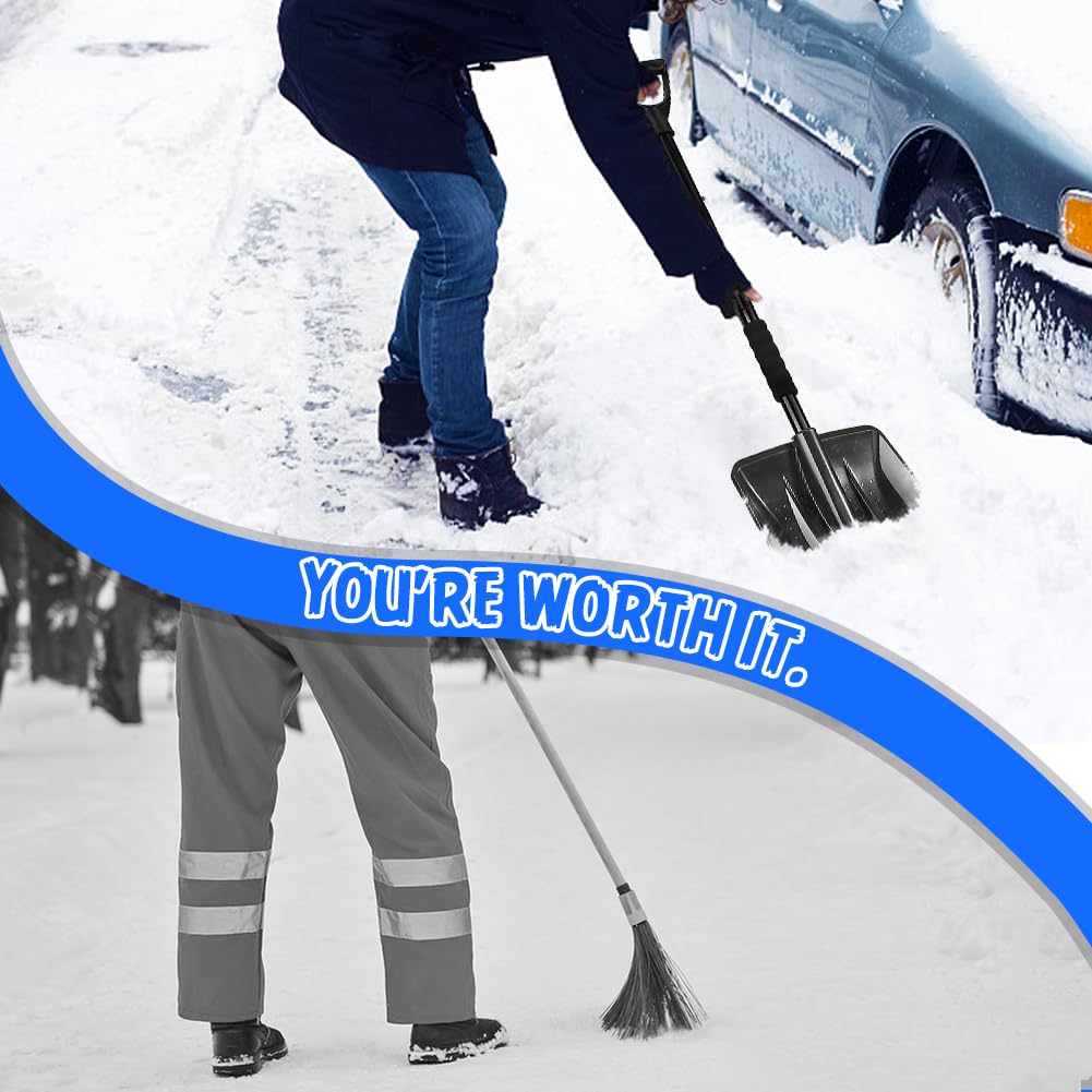 2025 New Snow Shovel, Upgrade Large-Capacity Lightweight Aluminum Portable Snow Shovel, Parent-Child Playing Snow Shovel, Shovel for Garden, Car, Camping with Extra Ice Scrape(Black)
