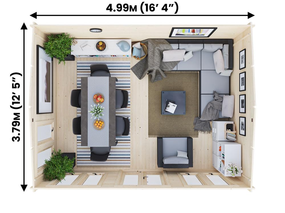 Dunster House Log Cabin Summer House 5 x 4 Metres Garden Room Office Man Cave DIY Outdoor Building Shed GhostFlower 34mm