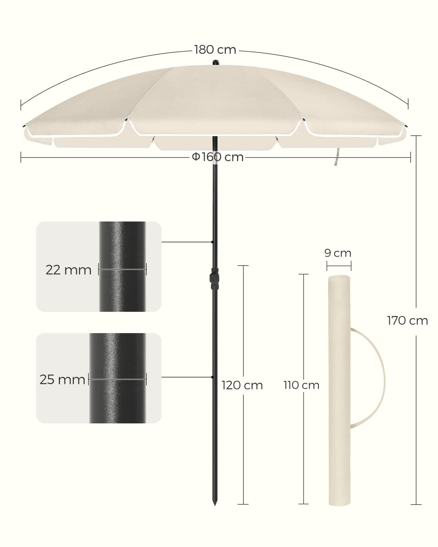SONGMICS Parasol 160 cm Sun Protection UPF 50-, 30° Tilt in 2 Directions, Adjustable Height, with Carry Bag, for Balcony, Garden, Terrace, Beach, Without Base – Beige GPU60WTV1