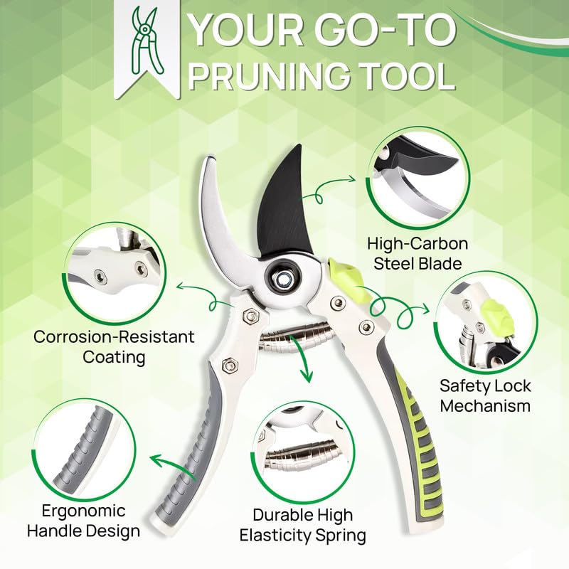 Shark-Tuff® Heavy Duty Secateurs & Pruning Scissors Pruning Shears for Gardening | High Carbon Steel SK5 Blade Garden Scissors | Bypass Hand Pruners with Long Handles