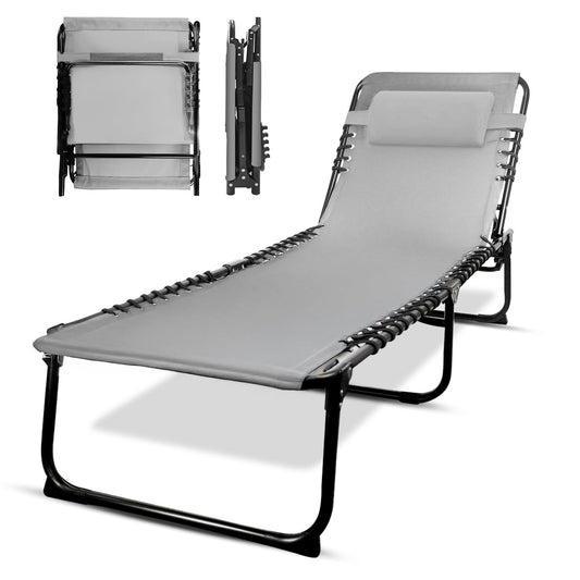 KEPLIN Foldable Recliner Sun Lounger - 600D Oxford Fabric - Adjustable Back and Leg Rests - Lightweight and Portable - Compact Space-Saving Design - Durable Outdoor Use - 190 x 65 x 30 cm (Grey)