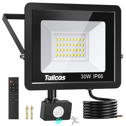 TailcasLED Security Lights Outdoor Motion Sensor 30W, 2700LM 6500K PIR Security Light with IR Remote Control, IP66 Waterproof Outdoor Lights Dimmable Floodlight for Garden Backyard