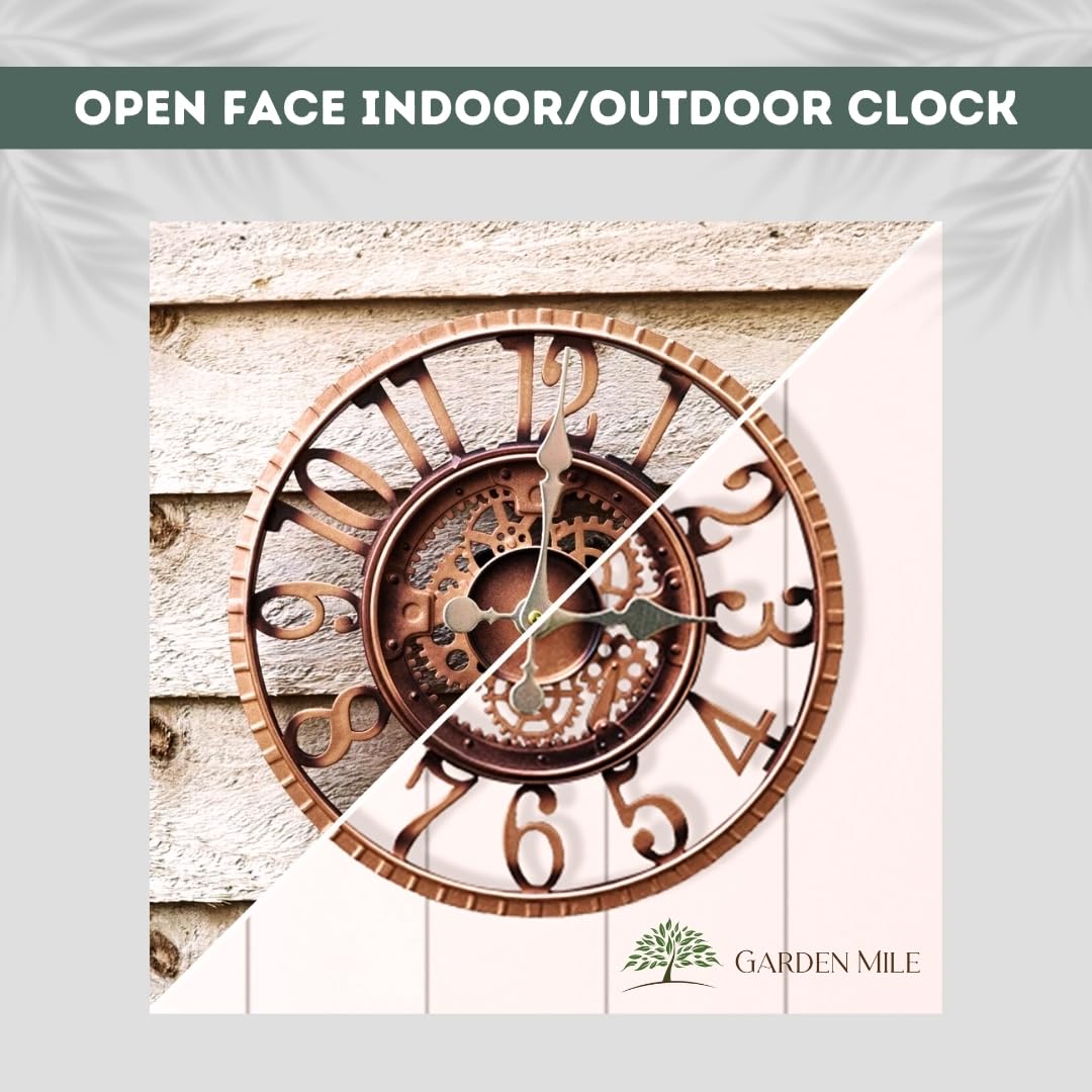 Homezone Large Bronze 30cm Open Faced Skeleton Mechanical garden clock Battery Power Operated Quartz Waterproof Weatherproof Garden Clock - Indoor or Outdoor home Kitchen Living Room Decor Clocks