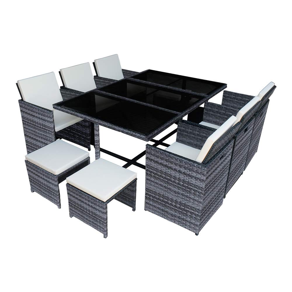 Panana Rattan Garden Furniture Set 10 Seater Dining Table and Padded Chairs Stool Outdoor Patio and Conservatory Mixed Grey