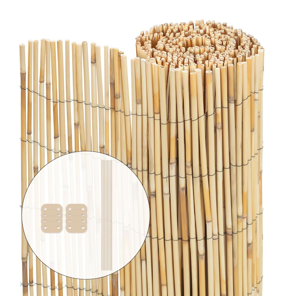 VOUNOT Natural Peeled Reed Fence 90x300cm Privacy Screen Roll with Fixing Clips Garden Panel Fence for Outdoor Garden Patio Balcony Wind/Sun Protection